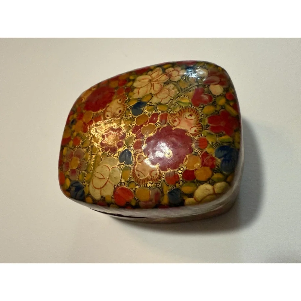 Vintage INDIA Hand Painted Colorful Floral Wooden‎ Lacquerware Trinket Box rings